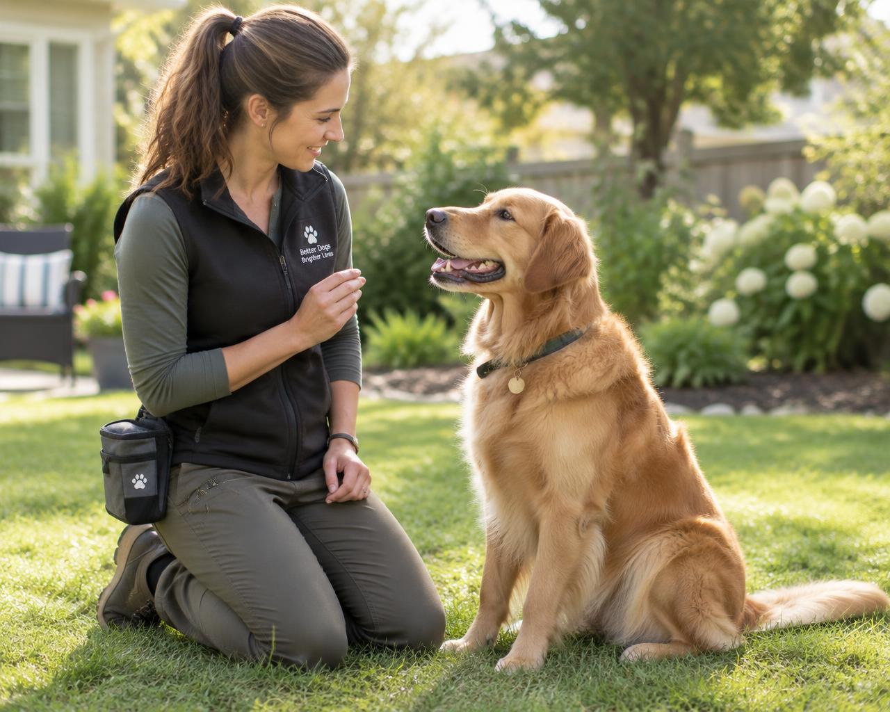A dog trainer working with a happy golden retriever in a backyard